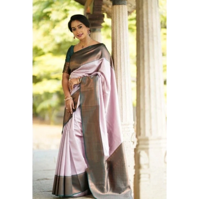 Alternative view of Women's Soft Lichi Silk Printed Saree With Unstitched Blouse 5.5Mtr (Light-Pink)