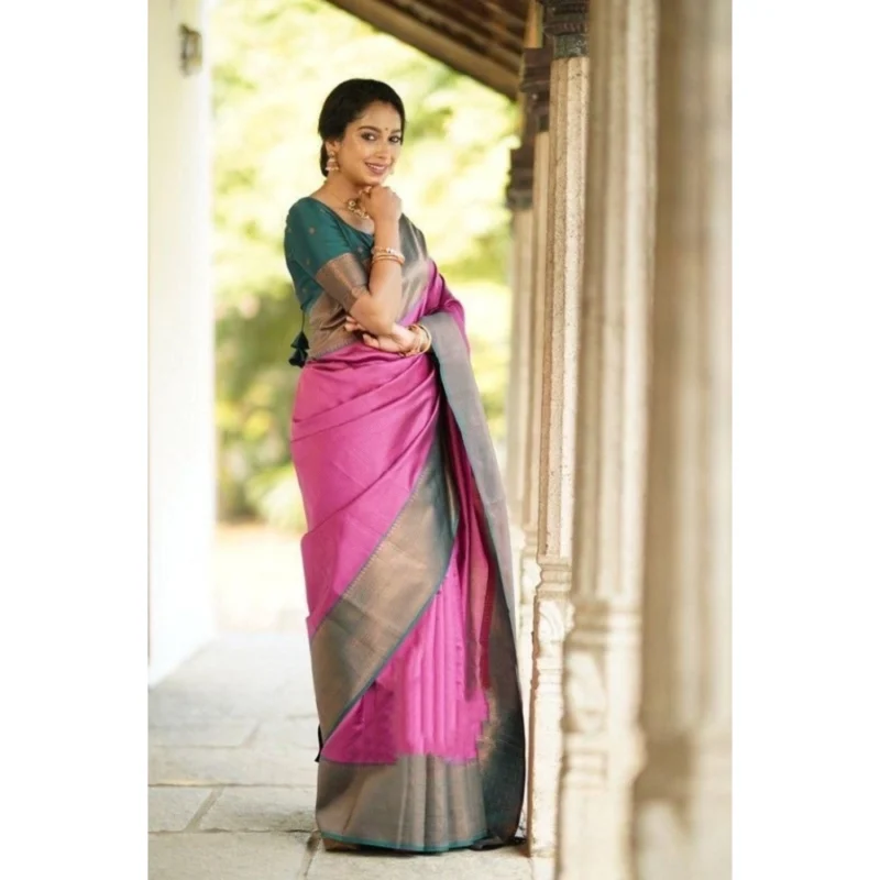 Alternative view of Women's Soft Lichi Silk Printed Saree With Unstitched Blouse 5.5Mtr (Pink)