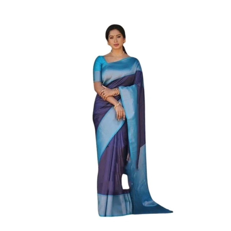 Women's Soft Lichi Silk Printed Saree With Unstitched Blouse 5.5Mtr (Blue)