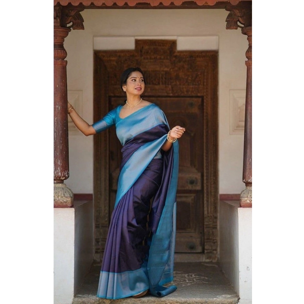 Women's Soft Lichi Silk Printed Saree With Unstitched Blouse 5.5Mtr (Blue) - Image 2