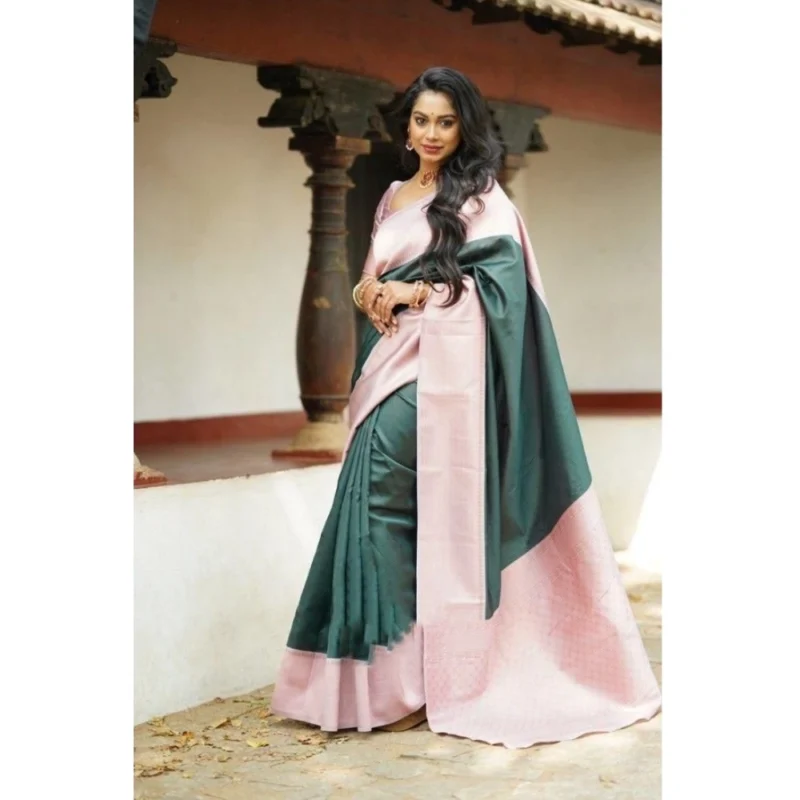 Alternative view of Women's Soft Lichi Silk Printed Saree With Unstitched Blouse 5.5Mtr (Green)