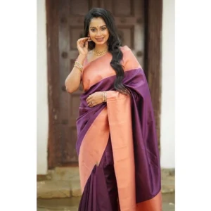 Alternative view of Women's Soft Lichi Silk Printed Saree With Unstitched Blouse 5.5Mtr (Purple)