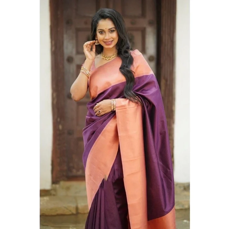 Alternative view of Women's Soft Lichi Silk Printed Saree With Unstitched Blouse 5.5Mtr (Purple)