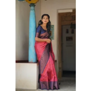 Alternative view of Women's Soft Lichi Silk Printed Saree With Unstitched Blouse 5.5Mtr (Red)