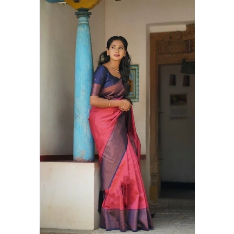 Alternative view of Women's Soft Lichi Silk Printed Saree With Unstitched Blouse 5.5Mtr (Red)