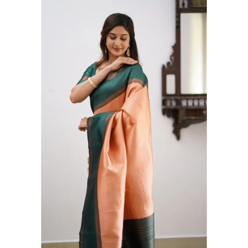 Alternative view of Women's Soft Lichi Silk Printed Saree With Unstitched Blouse 5.5Mtr (Orange)