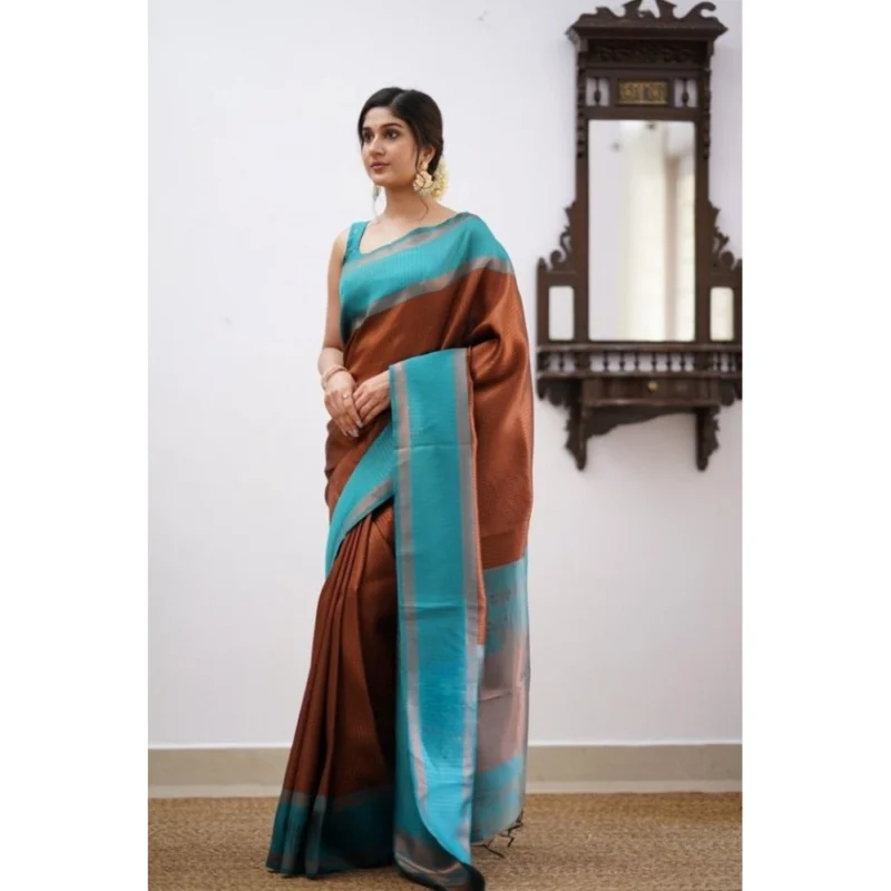 Alternative view of Women's Soft Lichi Silk Printed Saree With Unstitched Blouse 5.5Mtr (Brown)