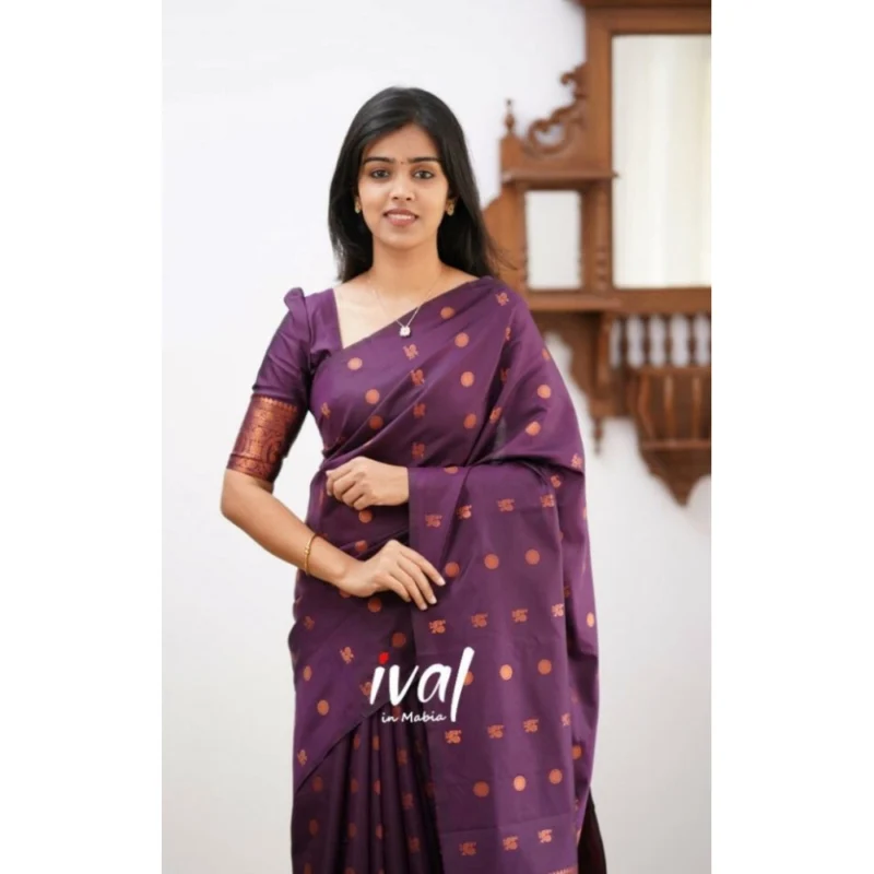 Alternative view of Women's Soft Lichi Silk Printed Saree With Unstitched Blouse 5.5Mtr (Purple)