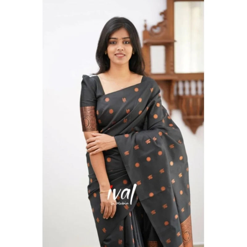 Alternative view of Women's Soft Lichi Silk Printed Saree With Unstitched Blouse 5.5Mtr (Black)