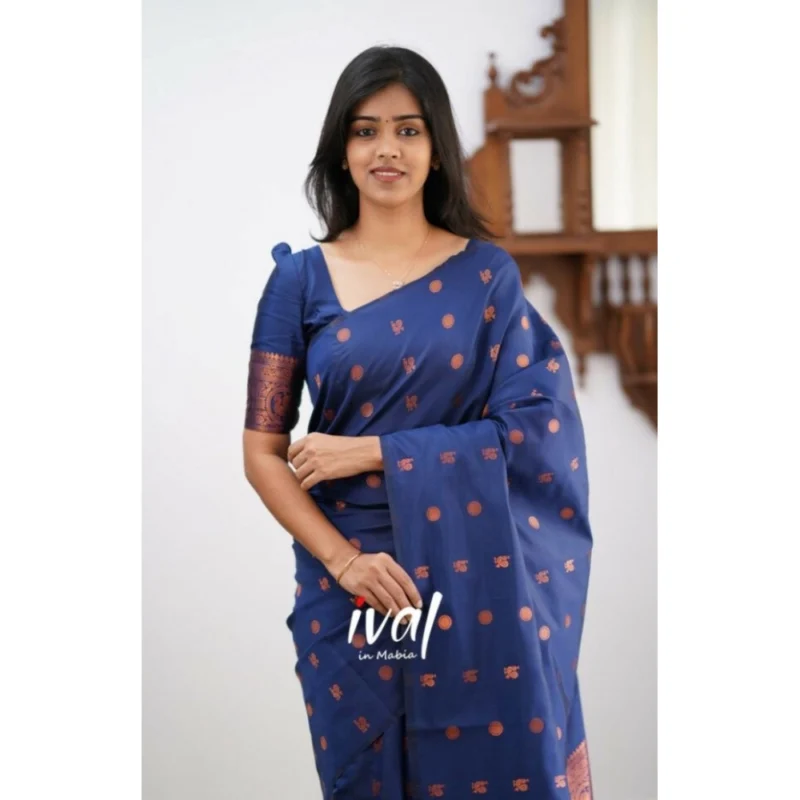 Alternative view of Women's Soft Lichi Silk Printed Saree With Unstitched Blouse 5.5Mtr (Blue)