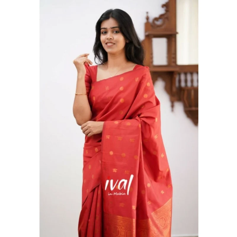 Alternative view of Women's Soft Lichi Silk Printed Saree With Unstitched Blouse 5.5Mtr (Red)