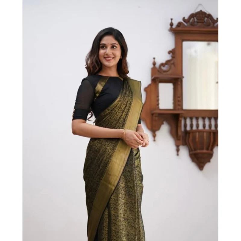 Alternative view of Women's Soft Lichi Silk Printed Saree With Unstitched Blouse 5.5Mtr (Green)