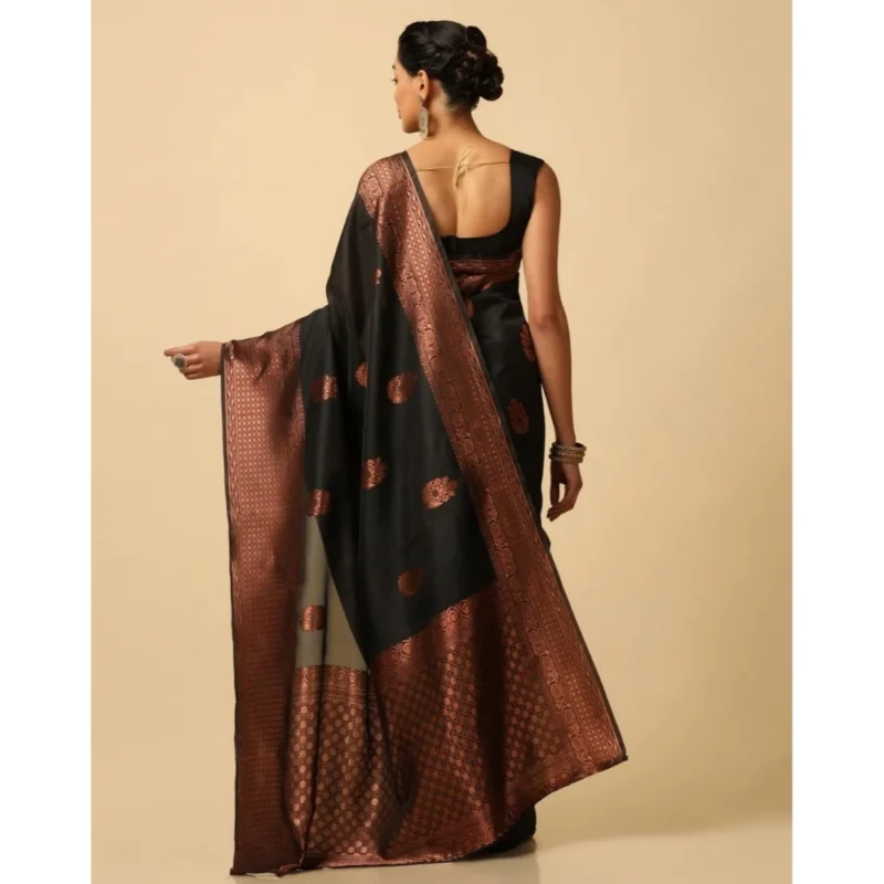 Alternative view of Women's Soft Lichi Silk Printed Saree With Unstitched Blouse 5.5Mtr (Black)