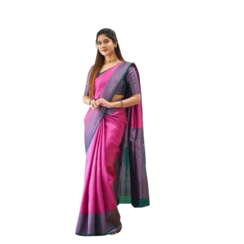 Women's Soft Lichi Silk Printed Saree With Unstitched Blouse 5.5Mtr (Pink)