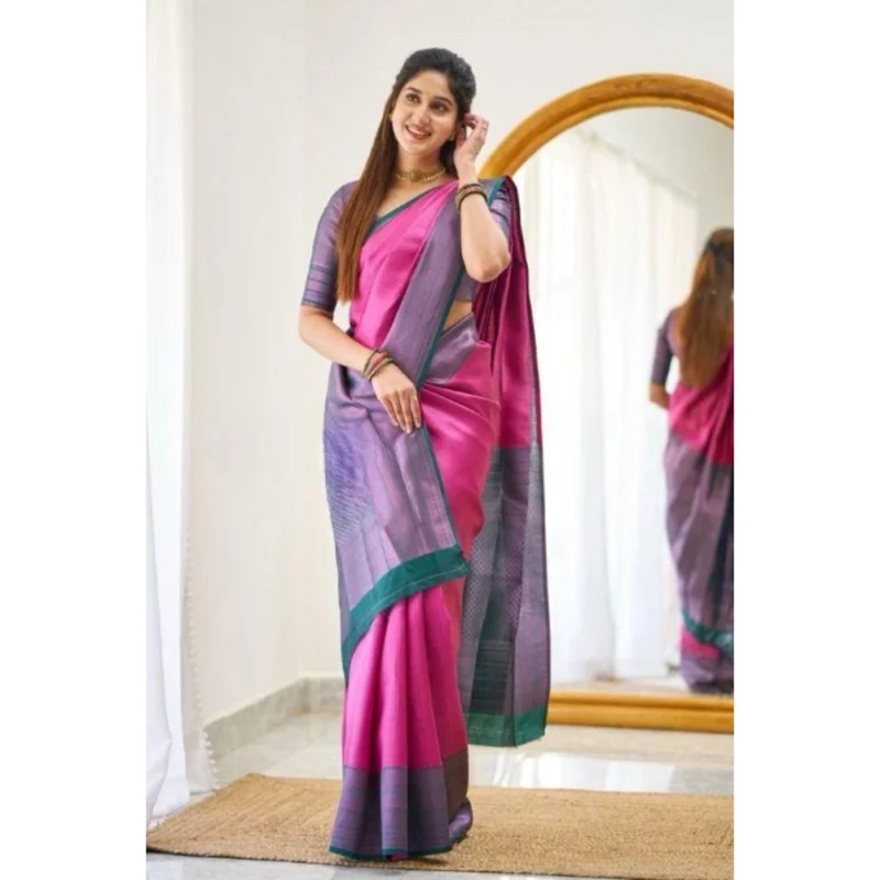 Alternative view of Women's Soft Lichi Silk Printed Saree With Unstitched Blouse 5.5Mtr (Pink)