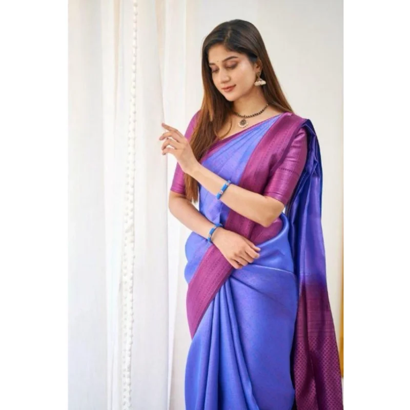 Alternative view of Women's Soft Lichi Silk Printed Saree With Unstitched Blouse 5.5Mtr (Blue)