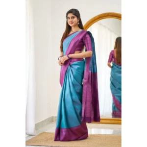 Alternative view of Women's Soft Lichi Silk Printed Saree With Unstitched Blouse 5.5Mtr (Sky-Blue)