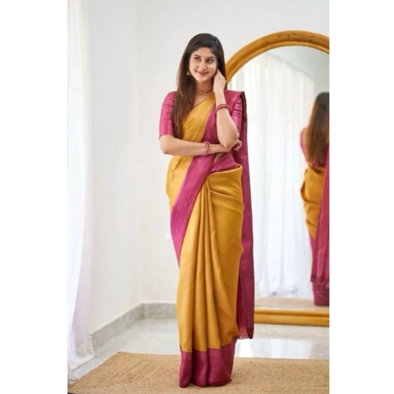 Alternative view of Women's Soft Lichi Silk Printed Saree With Unstitched Blouse 5.5Mtr (Mustard聽)