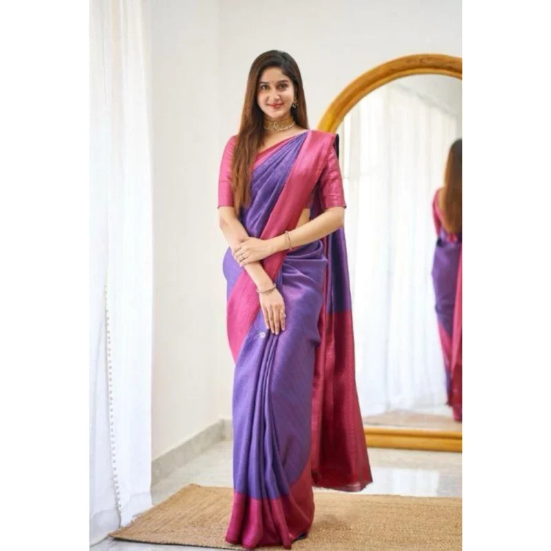 Alternative view of Women's Soft Lichi Silk Printed Saree With Unstitched Blouse 5.5Mtr (Purple)