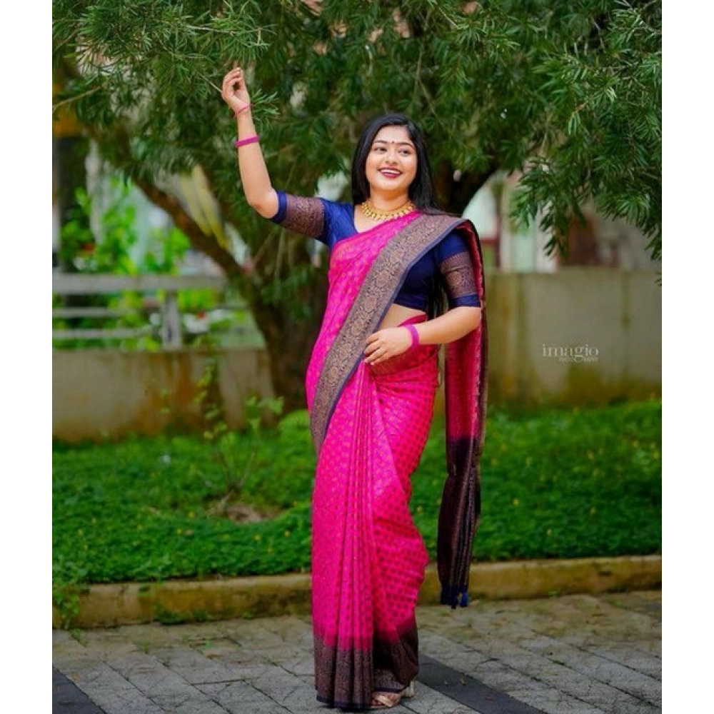 Women's Soft Lichi Silk Printed Saree With Unstitched Blouse 5.5Mtr (Pink) - Image 2