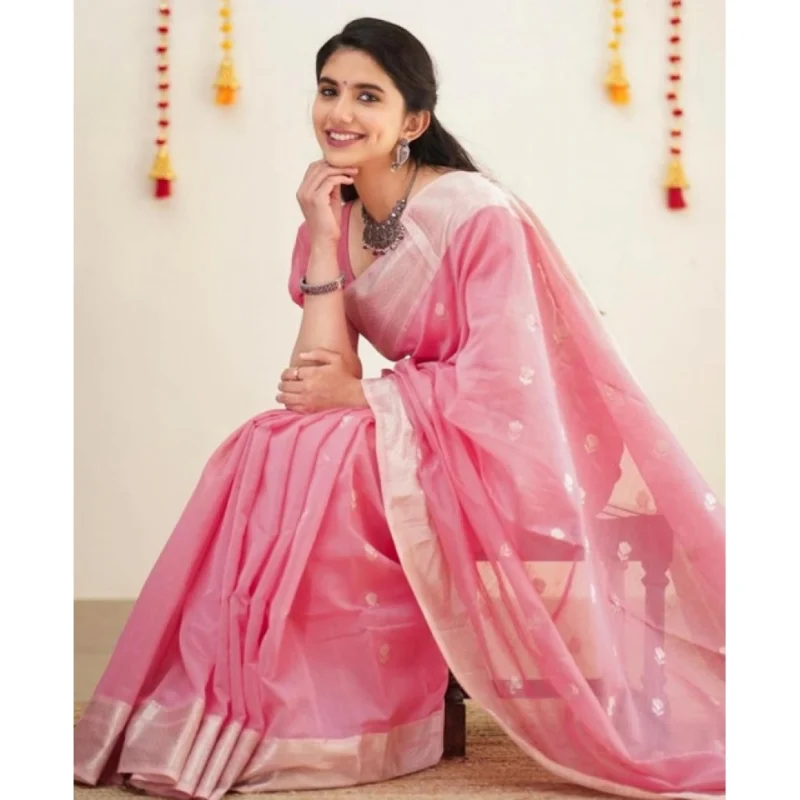 Alternative view of Women's Soft Lichi Silk Printed Saree With Unstitched Blouse 5.5Mtr (Pink)