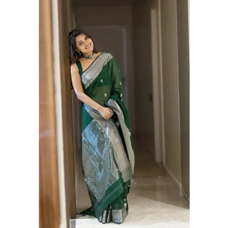Alternative view of Women's Soft Lichi Silk Printed Saree With Unstitched Blouse 5.5Mtr (Green)