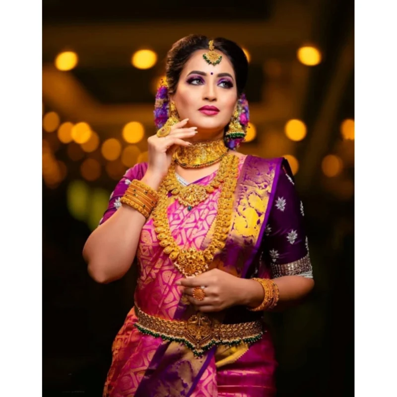 Alternative view of Women's Soft Lichi Silk Printed Saree With Unstitched Blouse 5.5Mtr (Pink)