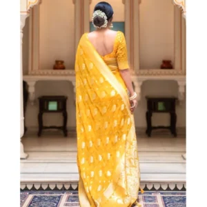 Alternative view of Women's Soft Lichi Silk Printed Saree With Unstitched Blouse 5.5Mtr (Yellow)