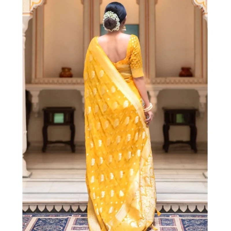 Alternative view of Women's Soft Lichi Silk Printed Saree With Unstitched Blouse 5.5Mtr (Yellow)