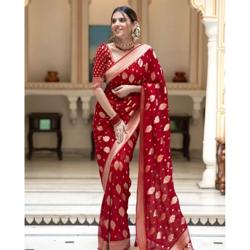 Women's Soft Lichi Silk Printed Saree With Unstitched Blouse 5.5Mtr (Red)