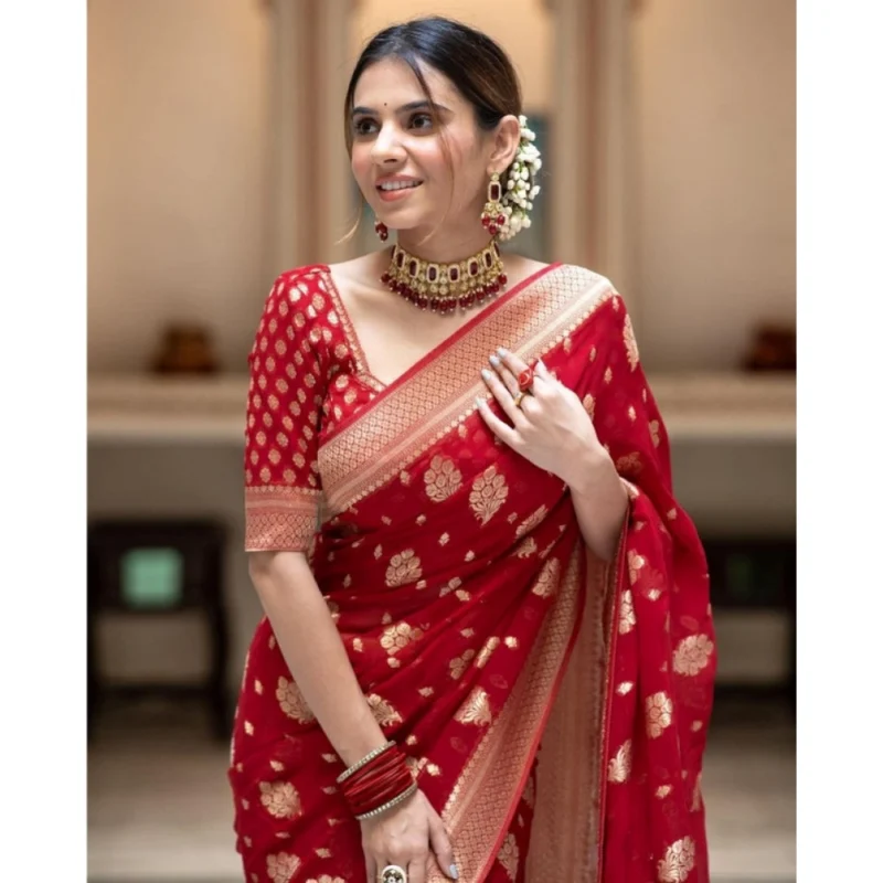 Alternative view of Women's Soft Lichi Silk Printed Saree With Unstitched Blouse 5.5Mtr (Red)