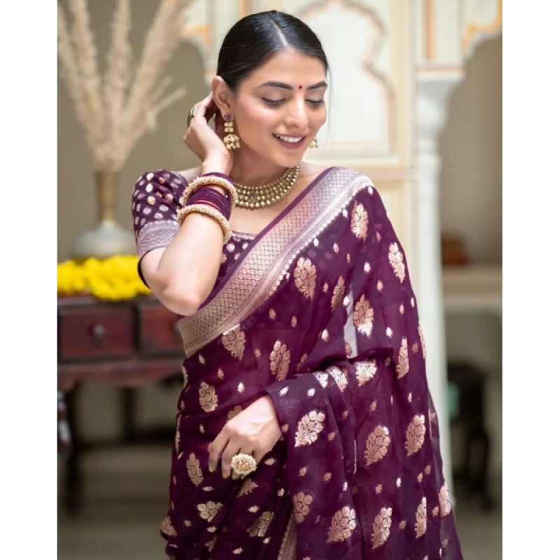 Alternative view of Women's Soft Lichi Silk Printed Saree With Unstitched Blouse 5.5Mtr (Purple)