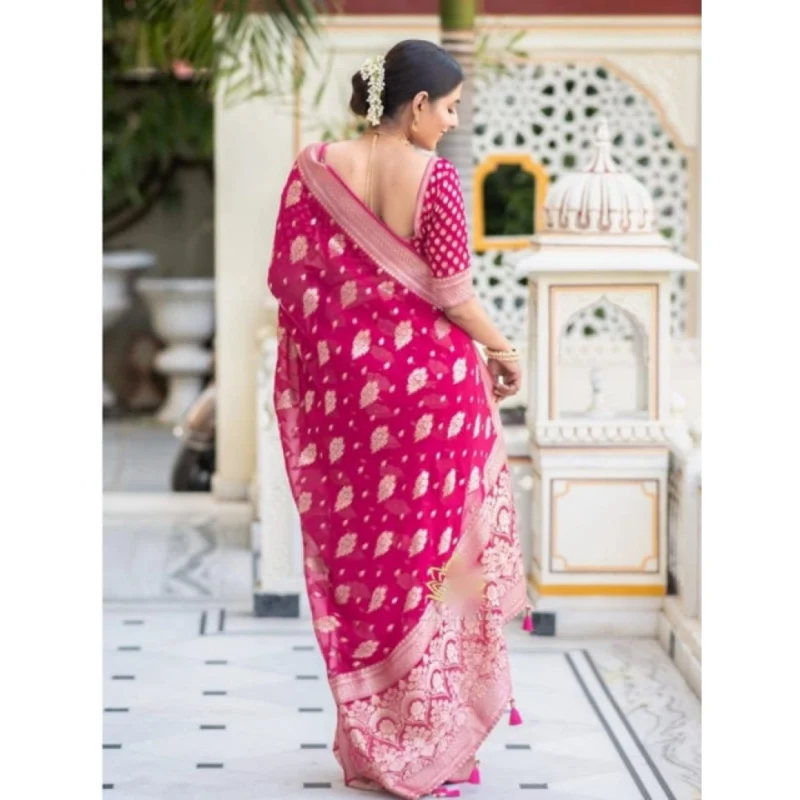 Alternative view of Women's Soft Lichi Silk Printed Saree With Unstitched Blouse 5.5Mtr (Pink)