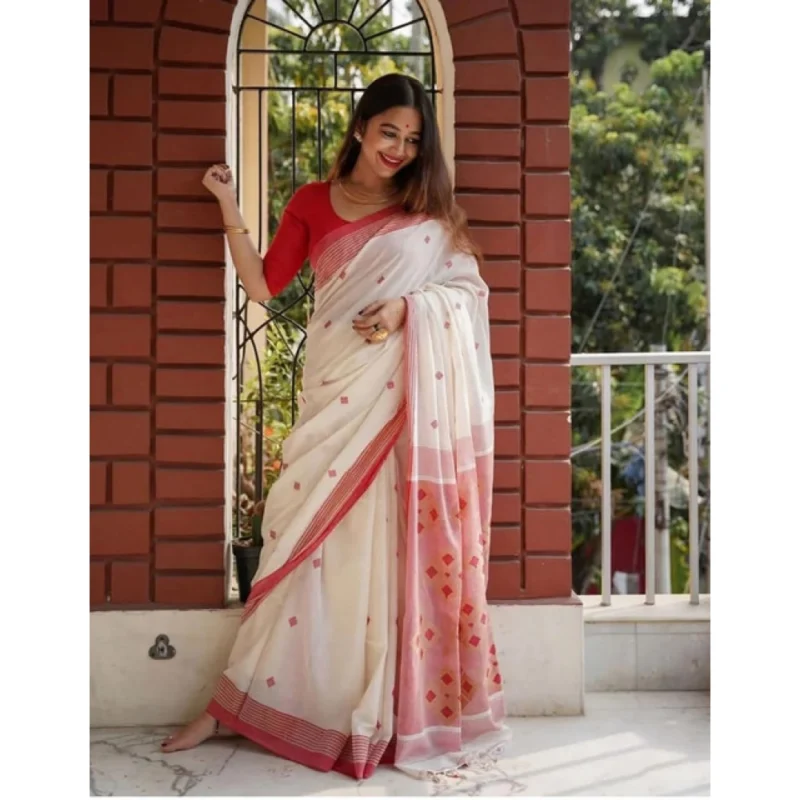 Alternative view of Women's Soft Lilan Printed Saree With Unstitched Blouse 5.5Mtr (White)