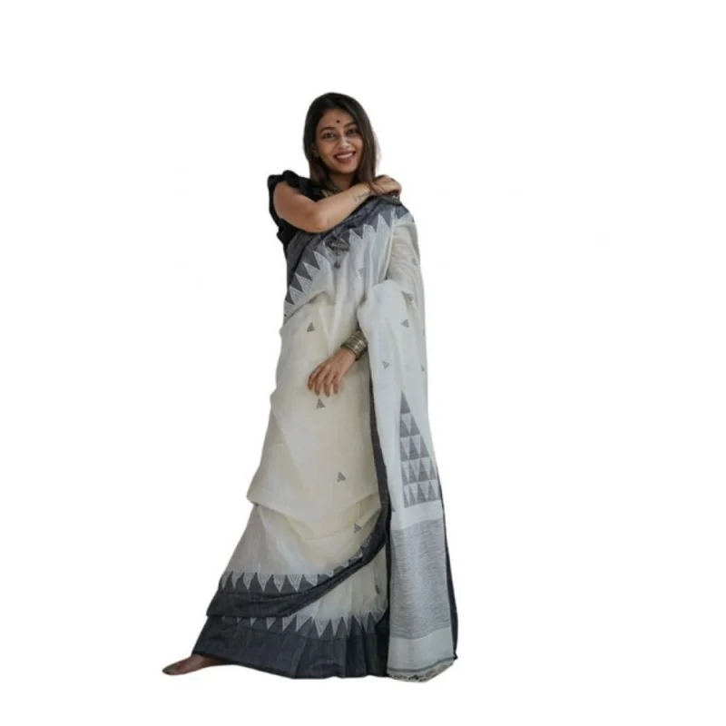 Women's Soft Lilan Printed Saree With Unstitched Blouse 5.5Mtr (White-Black)