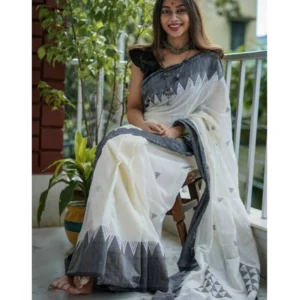 Alternative view of Women's Soft Lilan Printed Saree With Unstitched Blouse 5.5Mtr (White-Black)