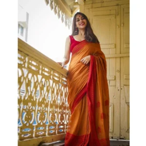 Women's Soft Lilan Printed Saree With Unstitched Blouse 5.5Mtr (Mustard聽)