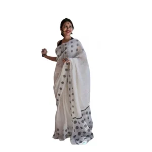 Women's Soft Lilan Printed Saree With Unstitched Blouse 5.5Mtr (White)