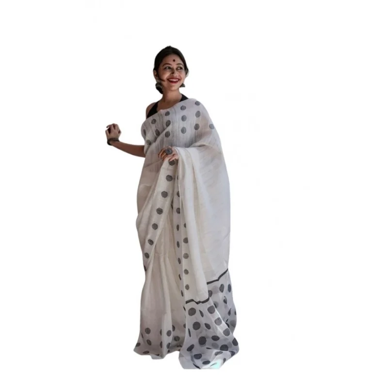 Women's Soft Lilan Printed Saree With Unstitched Blouse 5.5Mtr (White)