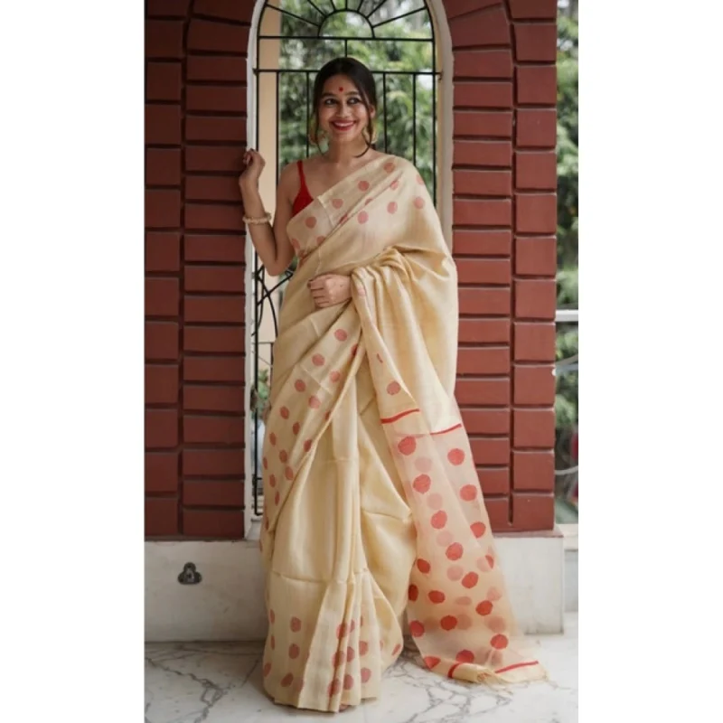 Alternative view of Women's Soft Lilan Printed Saree With Unstitched Blouse 5.5Mtr (Cream)