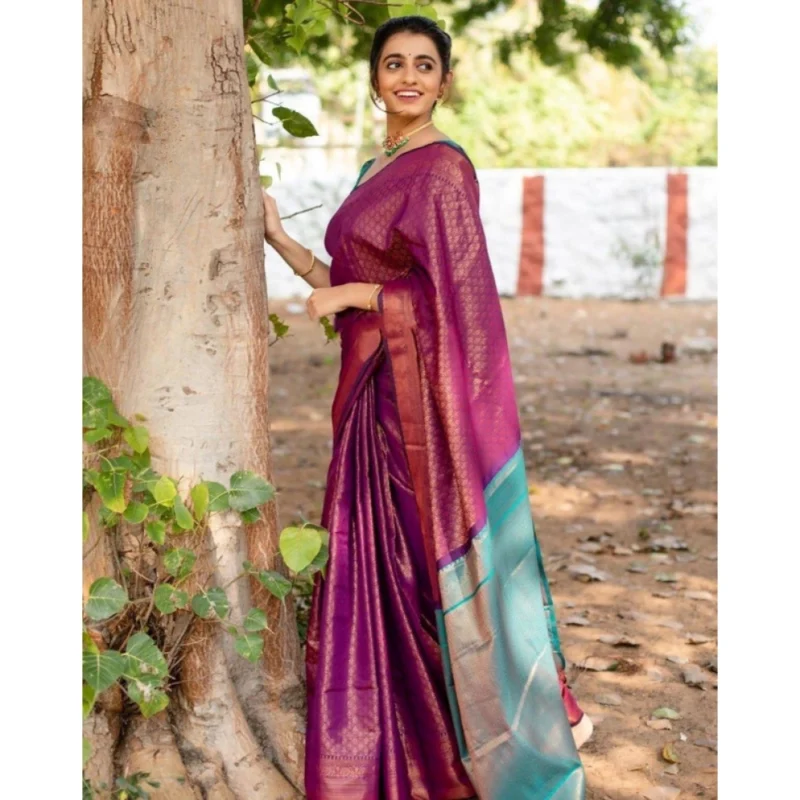 Alternative view of Women's Soft Lichi Silk Printed Saree With Unstitched Blouse 5.5Mtr (Purple)