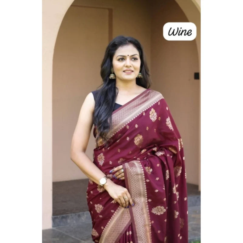 Alternative view of Women's Soft Lichi Silk Printed Saree With Unstitched Blouse 5.5Mtr (Wine)