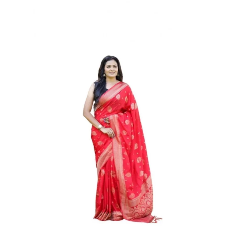 Women's Soft Lichi Silk Printed Saree With Unstitched Blouse 5.5Mtr (Red)