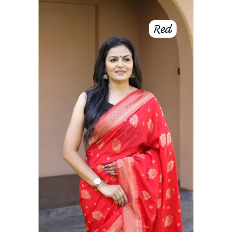 Alternative view of Women's Soft Lichi Silk Printed Saree With Unstitched Blouse 5.5Mtr (Red)