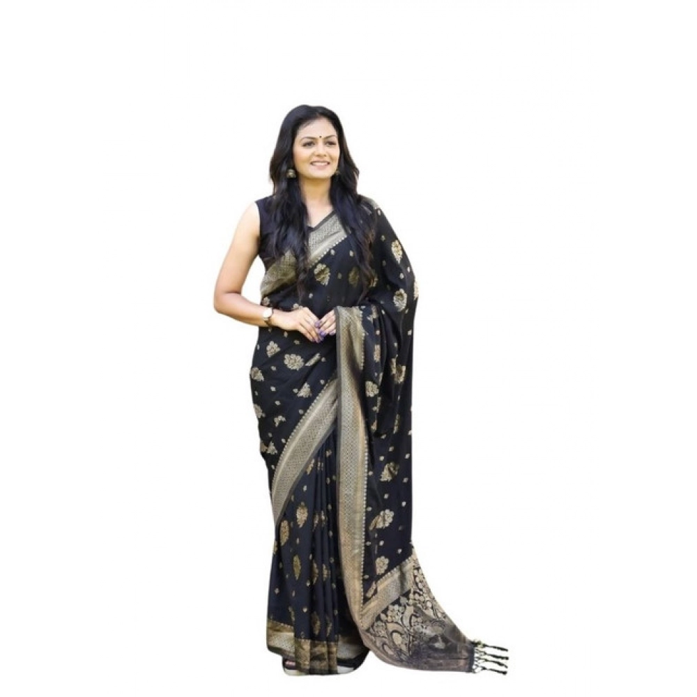 Women's Soft Lichi Silk Printed Saree With Unstitched Blouse 5.5Mtr (Black)