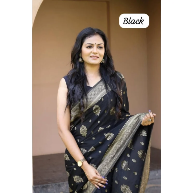 Alternative view of Women's Soft Lichi Silk Printed Saree With Unstitched Blouse 5.5Mtr (Black)