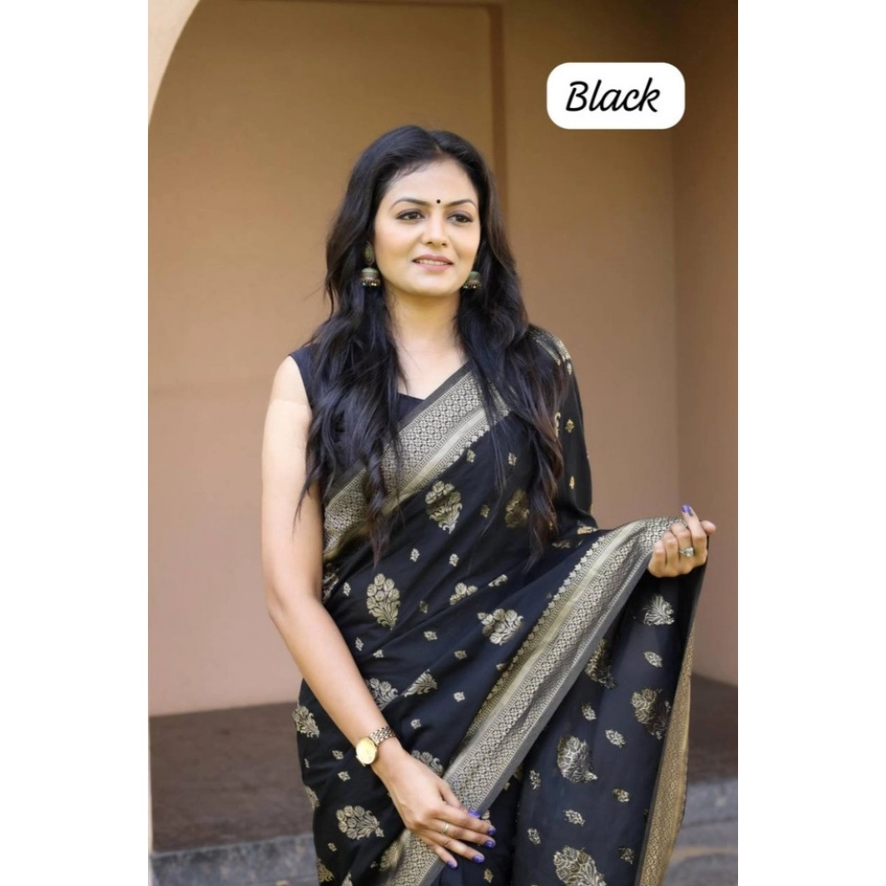 Women's Soft Lichi Silk Printed Saree With Unstitched Blouse 5.5Mtr (Black) - Image 2