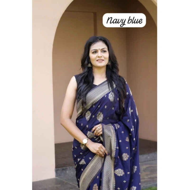 Alternative view of Women's Soft Lichi Silk Printed Saree With Unstitched Blouse 5.5Mtr (Navy Blue)