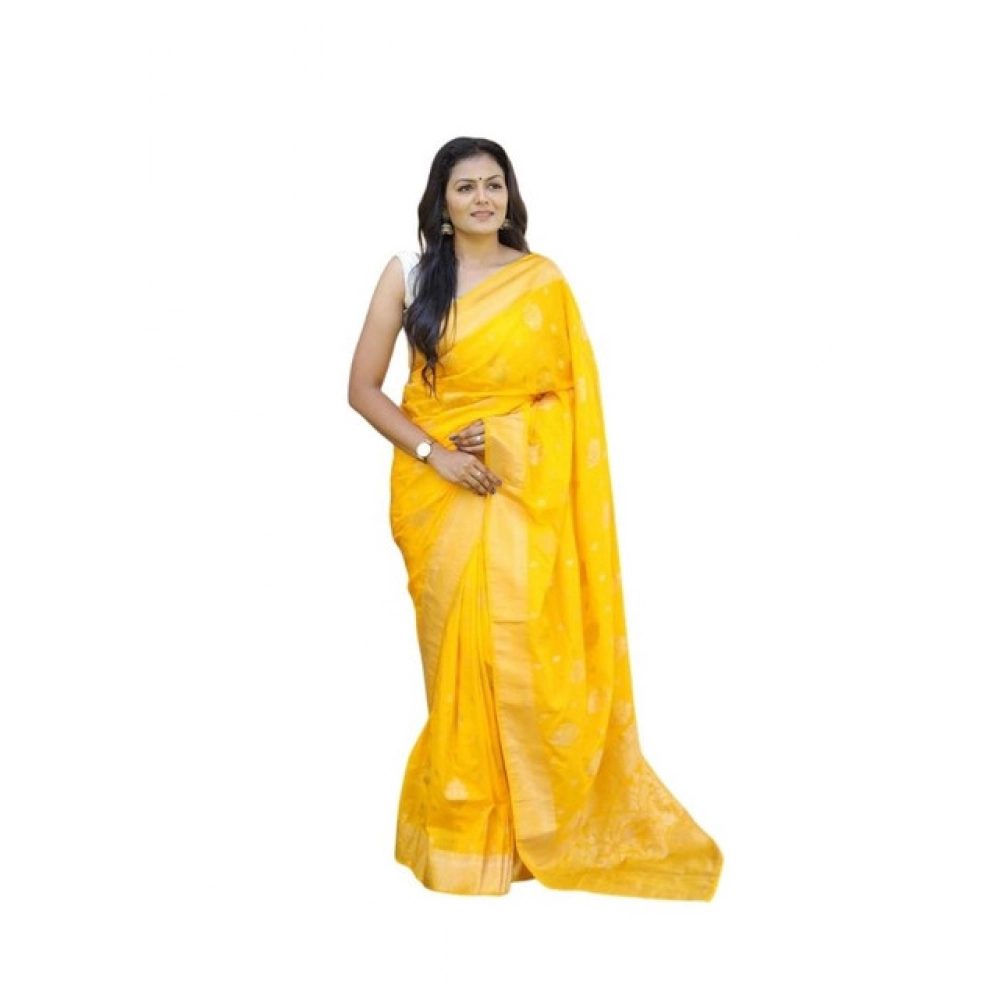 Women's Soft Lichi Silk Printed Saree With Unstitched Blouse 5.5Mtr (Yellow)