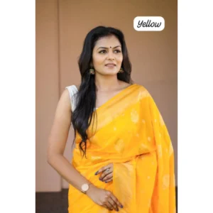 Alternative view of Women's Soft Lichi Silk Printed Saree With Unstitched Blouse 5.5Mtr (Yellow)